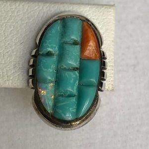 Santa Fe Style Turquoise, Orange Spiny Oyster & Opal Earrings